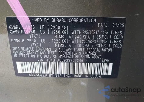 2025 Subaru Outback Premium from USA, damaged, VIN 4S4BTADC9S3206246